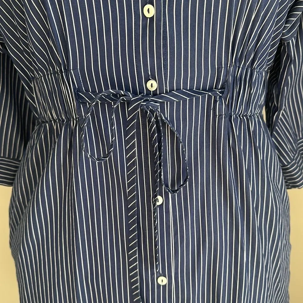 Zara Blue & White Striped Button Down Shirt Dress Side Pockets EUC Size S